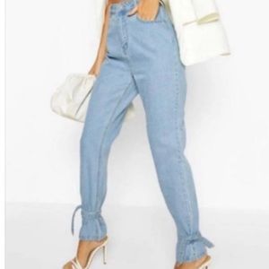 High waist tie hem tapered jeans